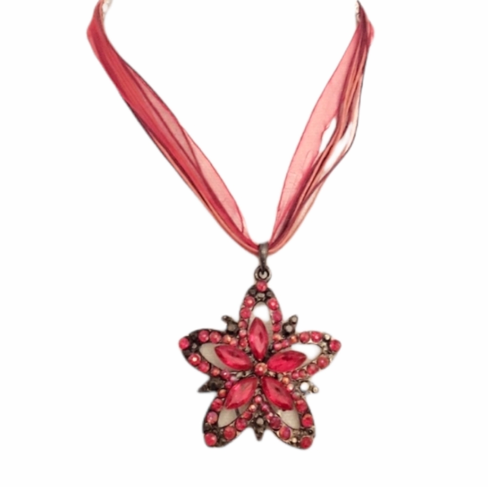 Nordstrom's Red Star Gem Ribbon Necklace EUC